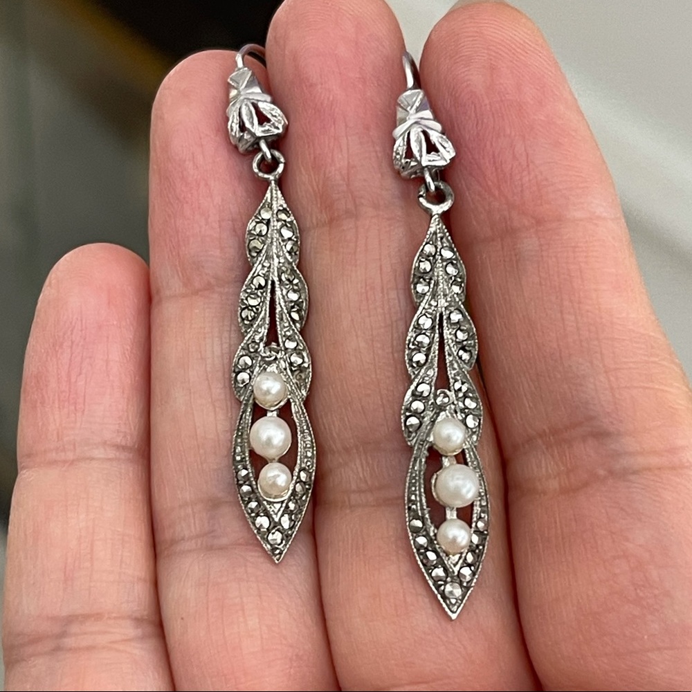 Antique pearl marcasite solid sterling silver earrings